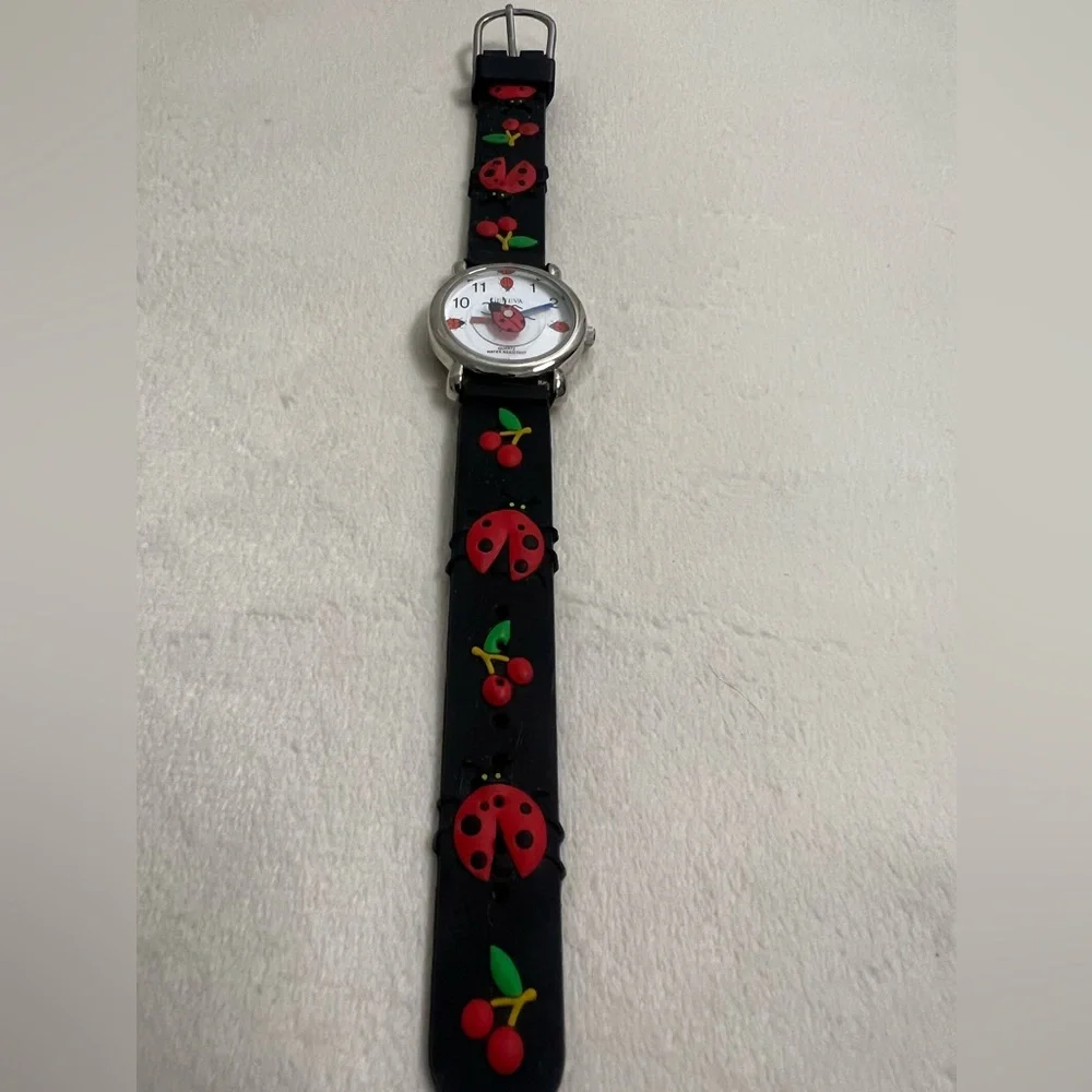 Geneva Quartz Girls Ladybug with Cherries Black Wrist Watch Water Resistant